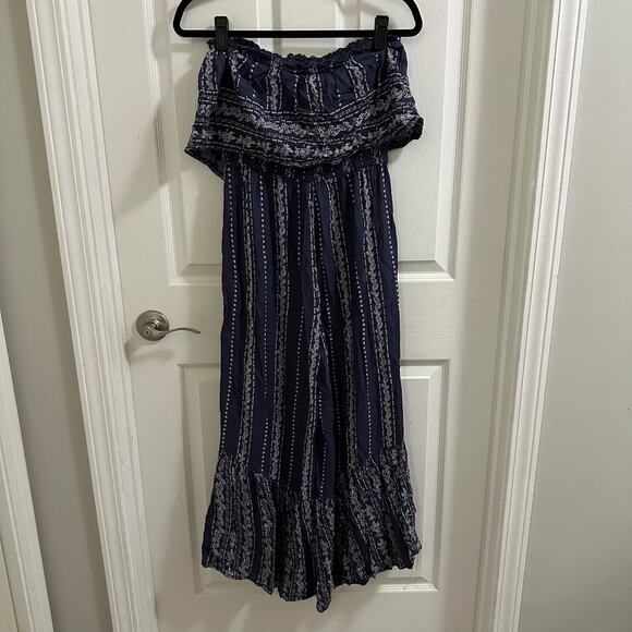 Japna Women’s Strapless Blue Paisley Wide Leg Ruffle Jumpsuit Size M boho - Picture 6 of 10